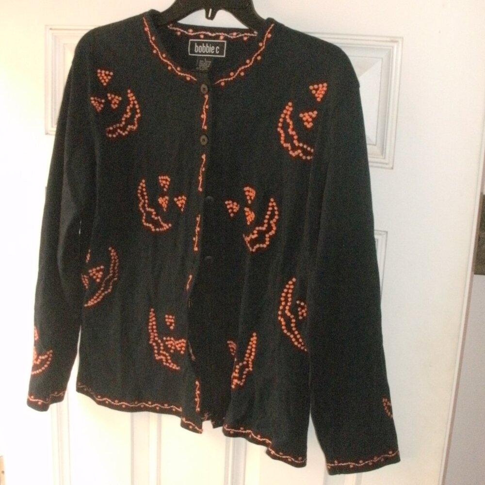 Bobbie C Halloween Black Cotton Cardigan Embroidered Jack O' lanterns Pumpkins L